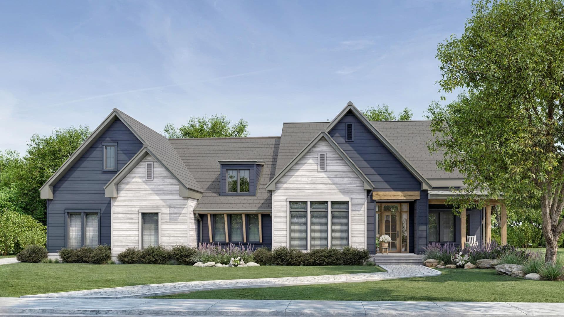 Modern farmhouse with blue and white exterior, multiple gabled roofs, large windows, front porch, and manicured lawn with landscaping