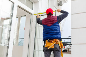 A worker installs beige siding panels on a house